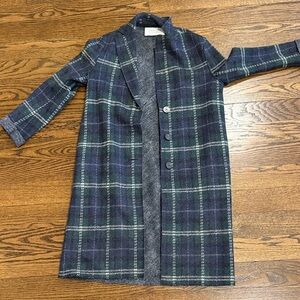 Plaid Long Coat Jacket - Dark Green/Navy